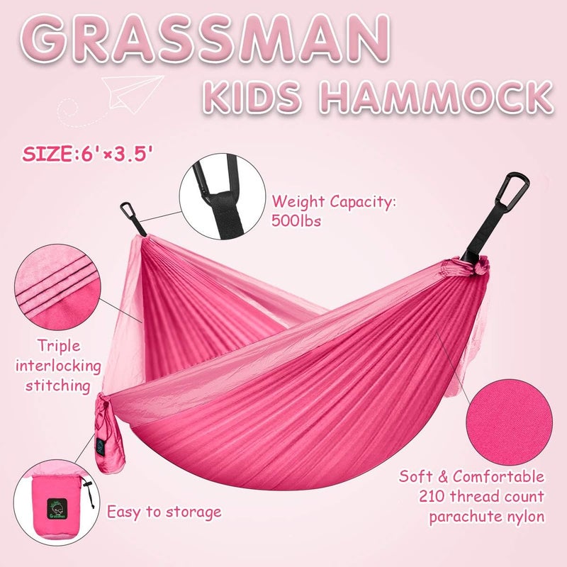 Grassman Kids Hammock-Small Camping hammocks, Portable Camping Gear for Child Indoor/Outdoor use, with Tree Straps & Carabiners Pink - Image 2